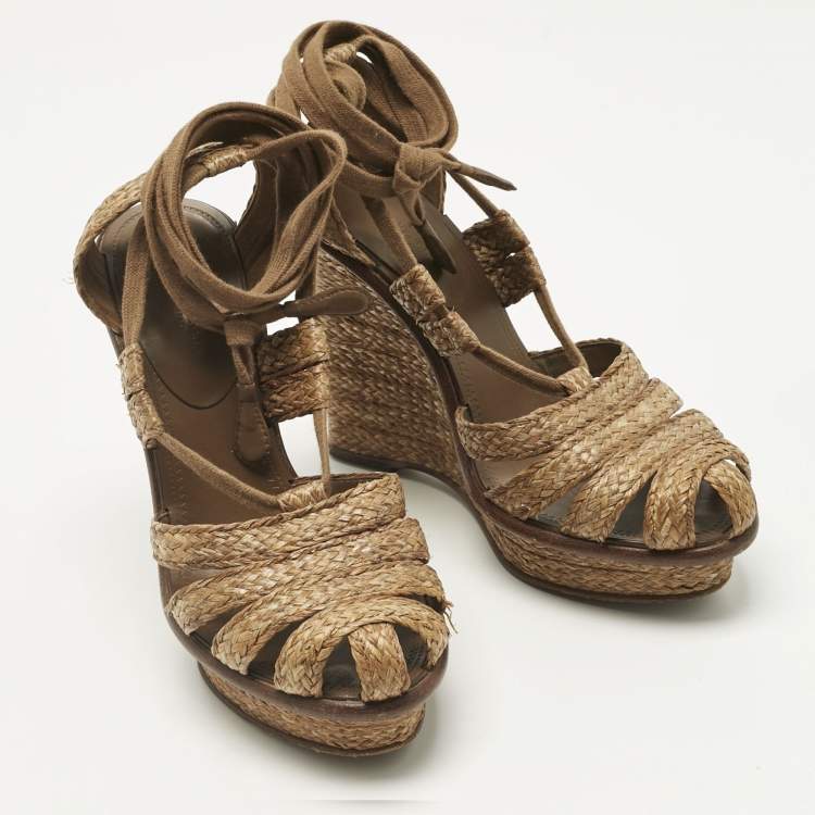 Pre Owned Bottega Veneta Brown Raffia Ankle Wrap Wedge Sandals Size 38