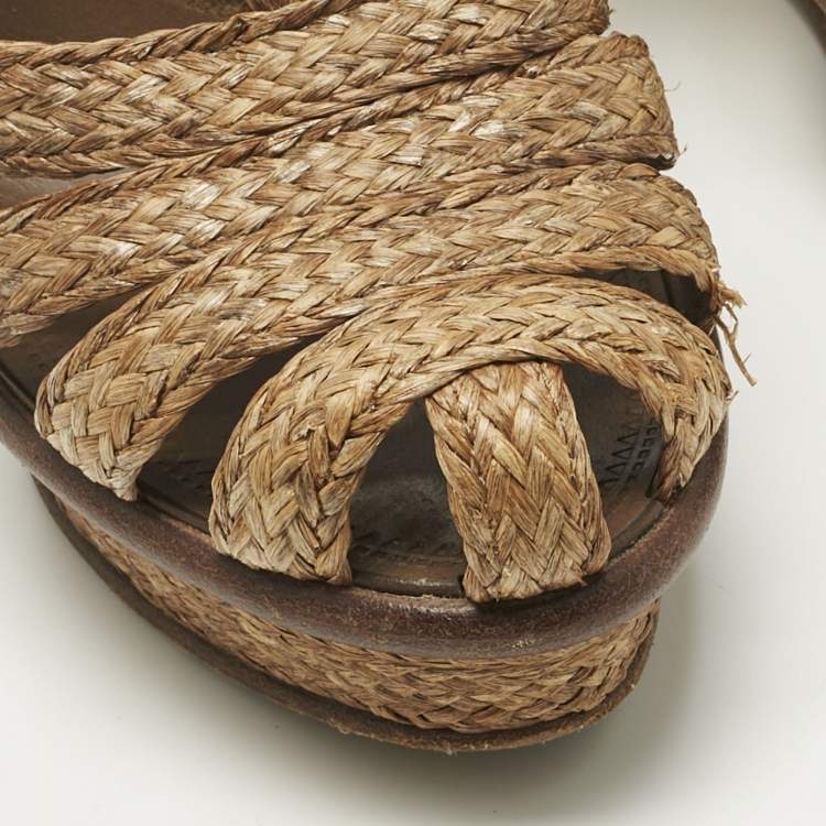 Pre Owned Bottega Veneta Brown Raffia Ankle Wrap Wedge Sandals Size 38