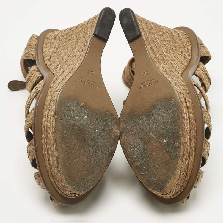 Pre Owned Bottega Veneta Brown Raffia Ankle Wrap Wedge Sandals Size 38