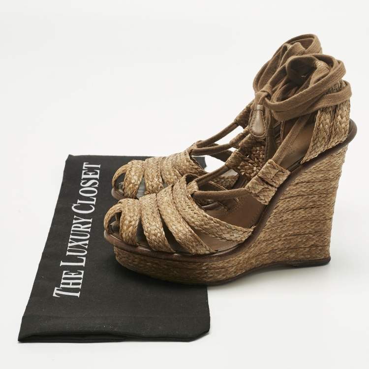Pre Owned Bottega Veneta Brown Raffia Ankle Wrap Wedge Sandals Size 38