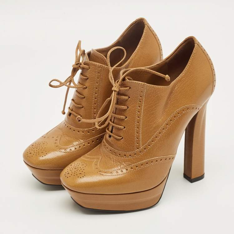 Pre Owned Bottega Veneta Brown Leather Brogue Lace Up Ankle Boots Size 37