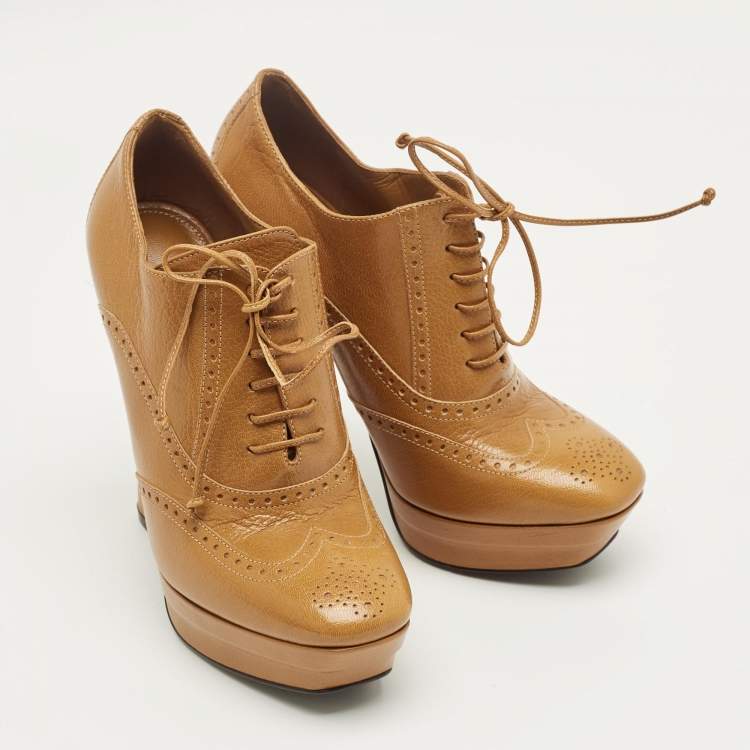 Pre Owned Bottega Veneta Brown Leather Brogue Lace Up Ankle Boots Size 37