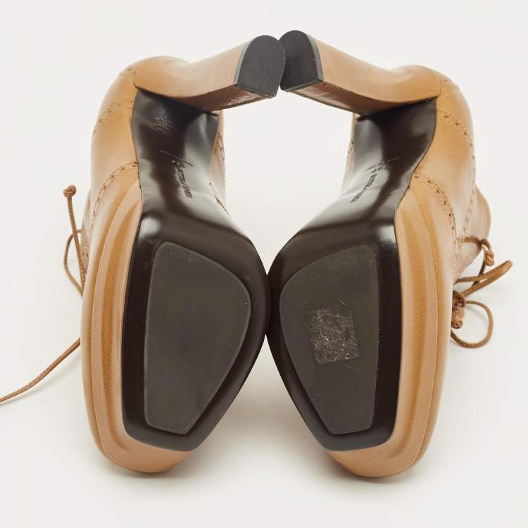 Pre Owned Bottega Veneta Brown Leather Brogue Lace Up Ankle Boots Size 37