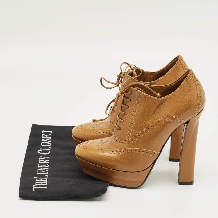 Pre Owned Bottega Veneta Brown Leather Brogue Lace Up Ankle Boots Size 37