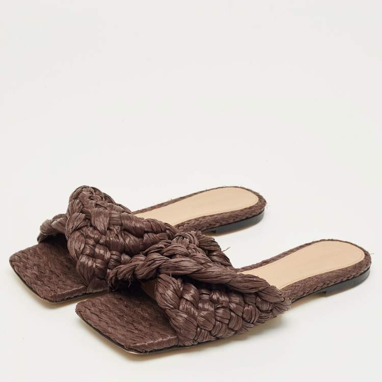 Pre Owned Bottega Veneta Dark Brown Woven Straw Lido Flat Slide Size 38