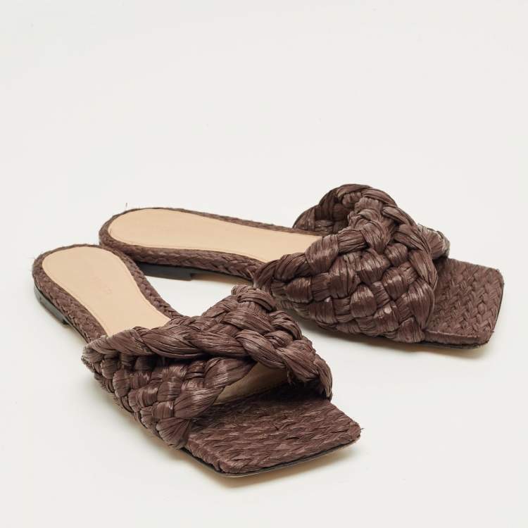 Pre Owned Bottega Veneta Dark Brown Woven Straw Lido Flat Slide Size 38
