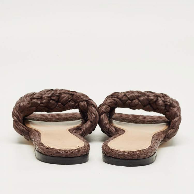 Pre Owned Bottega Veneta Dark Brown Woven Straw Lido Flat Slide Size 38
