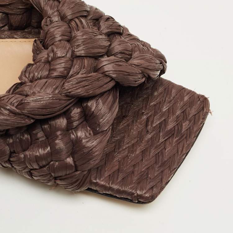 Pre Owned Bottega Veneta Dark Brown Woven Straw Lido Flat Slide Size 38