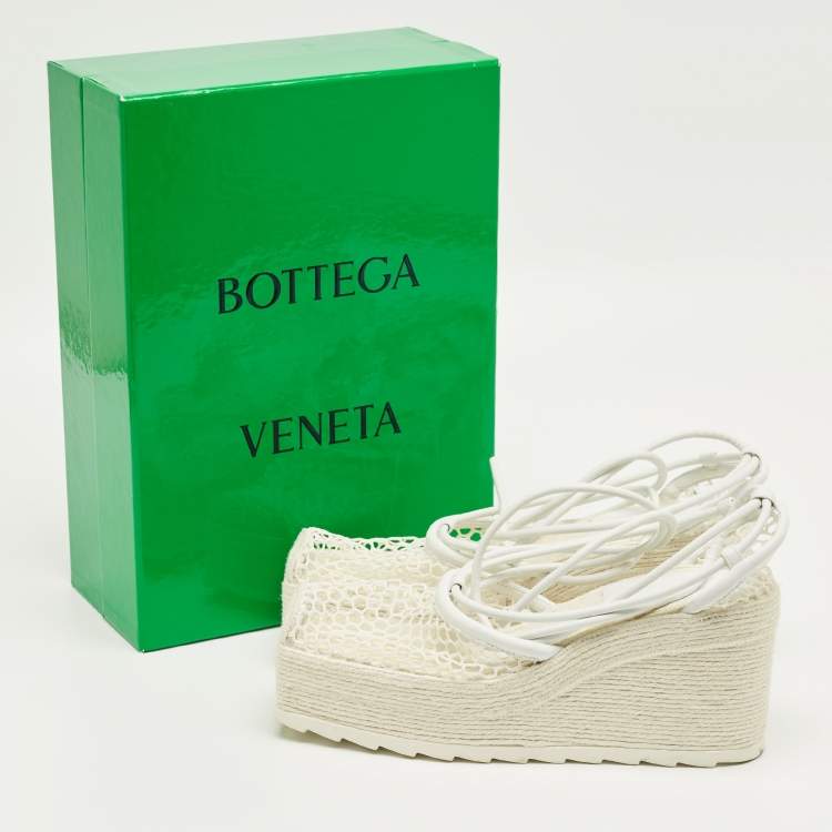 Pre Owned Bottega Veneta White Mesh and Leather Sporty Web Wedge Espadrille Sandals Size 39