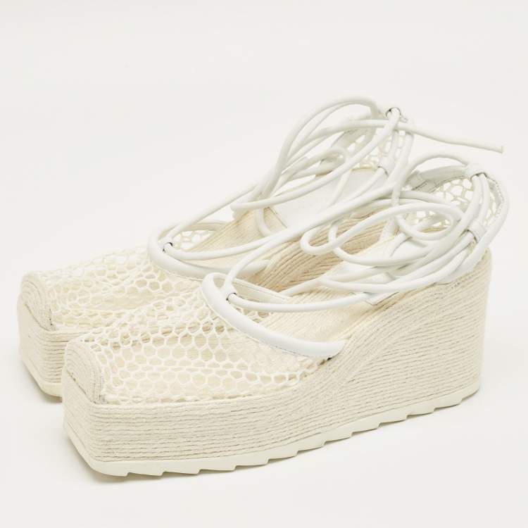 Pre Owned Bottega Veneta White Mesh and Leather Sporty Web Wedge Espadrille Sandals Size 39