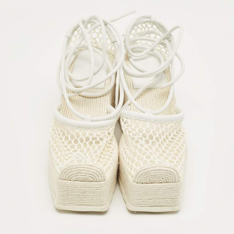 Pre Owned Bottega Veneta White Mesh and Leather Sporty Web Wedge Espadrille Sandals Size 39
