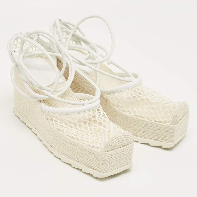 Pre Owned Bottega Veneta White Mesh and Leather Sporty Web Wedge Espadrille Sandals Size 39