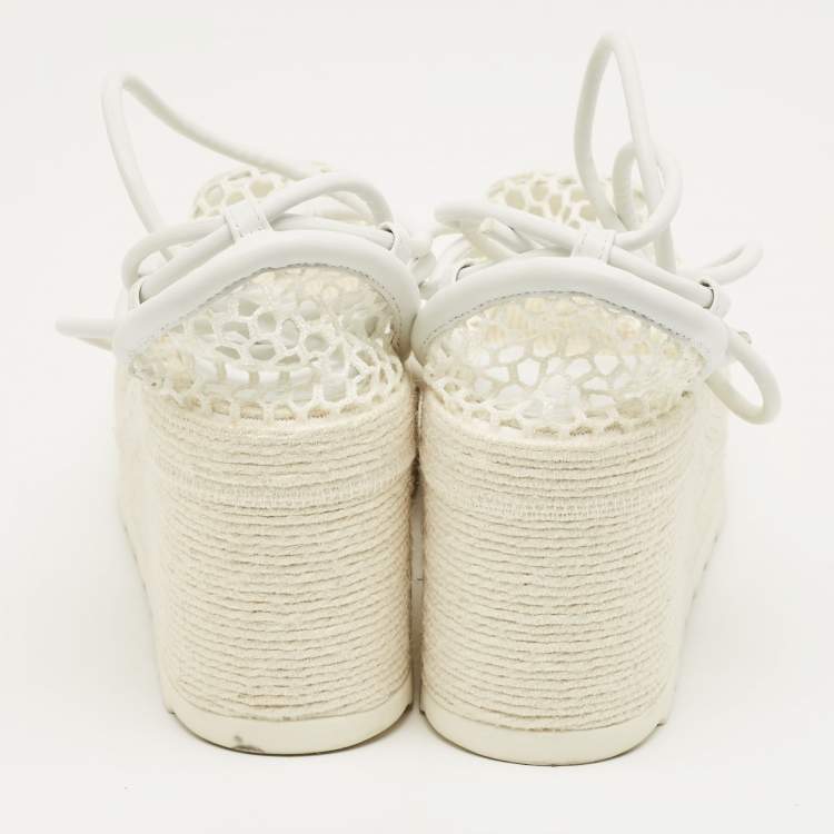 Pre Owned Bottega Veneta White Mesh and Leather Sporty Web Wedge Espadrille Sandals Size 39