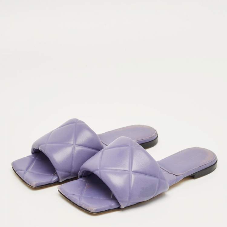 Pre Owned Bottega Veneta Purple Quilted Leather Lido Flat Slides Size 38.5