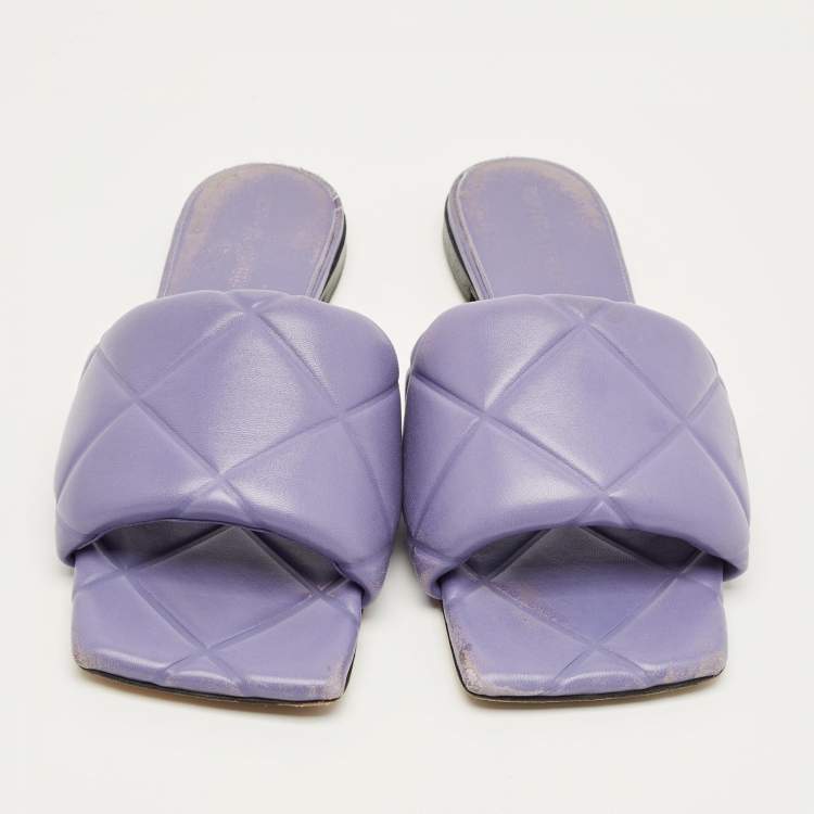 Pre Owned Bottega Veneta Purple Quilted Leather Lido Flat Slides Size 38.5