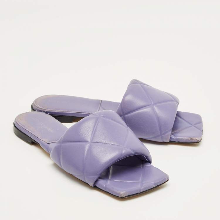 Pre Owned Bottega Veneta Purple Quilted Leather Lido Flat Slides Size 38.5