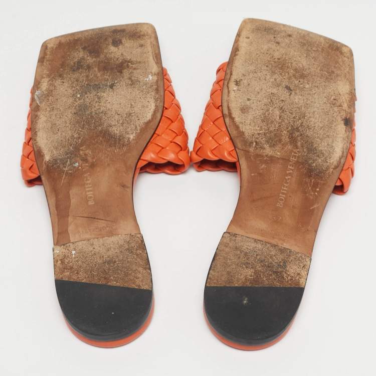 Pre Owned Bottega Veneta Orange Intrecciato Leather Flat Sandals Size 37