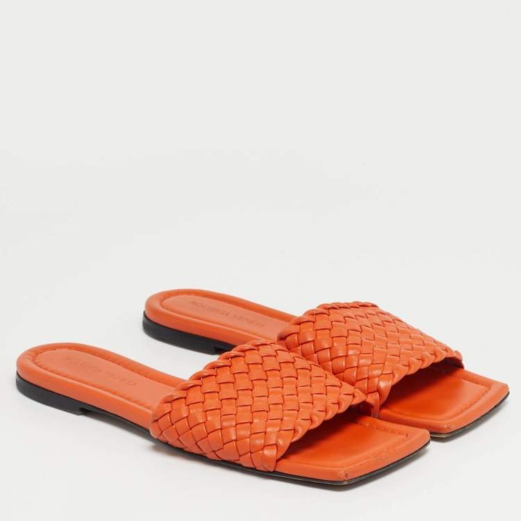 Pre Owned Bottega Veneta Orange Intrecciato Leather Flat Sandals Size 37