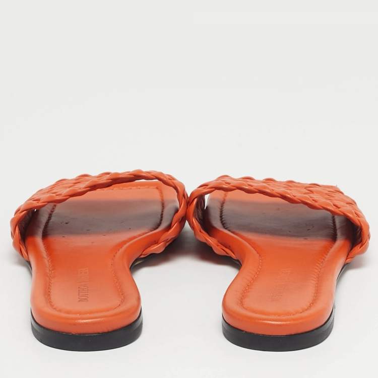 Pre Owned Bottega Veneta Orange Intrecciato Leather Flat Sandals Size 37
