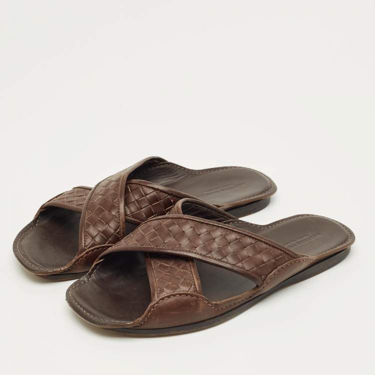Pre Owned Bottega Veneta Brown Intrecciato Leather Crisscross Flat Slide Size 40