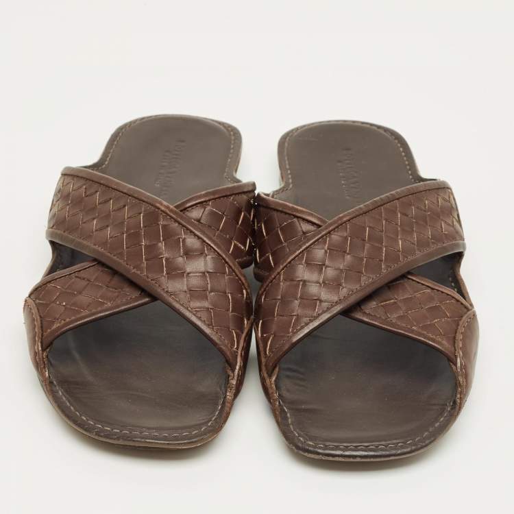 Pre Owned Bottega Veneta Brown Intrecciato Leather Crisscross Flat Slide Size 40