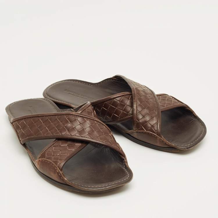 Pre Owned Bottega Veneta Brown Intrecciato Leather Crisscross Flat Slide Size 40