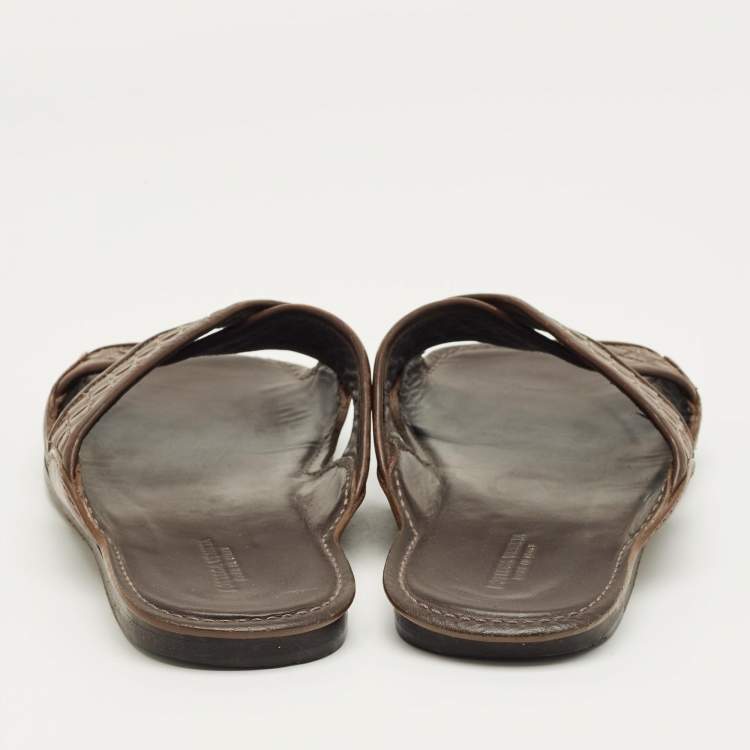 Pre Owned Bottega Veneta Brown Intrecciato Leather Crisscross Flat Slide Size 40