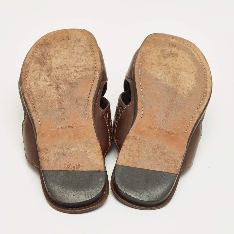 Pre Owned Bottega Veneta Brown Intrecciato Leather Crisscross Flat Slide Size 40