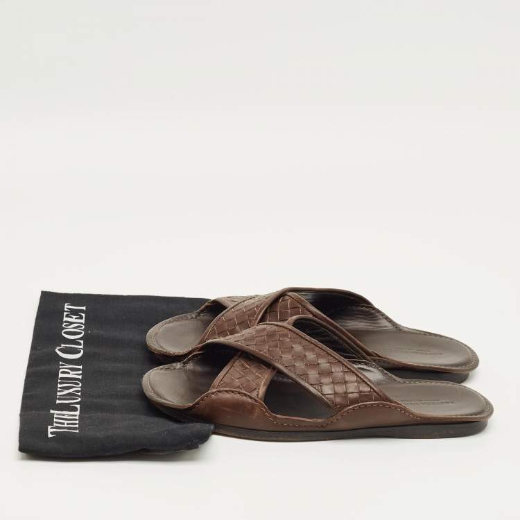 Pre Owned Bottega Veneta Brown Intrecciato Leather Crisscross Flat Slide Size 40