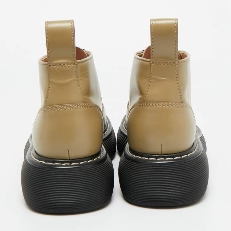 Pre Owned Bottega Veneta Green Leather Swell Ankle Length Boots Size 41