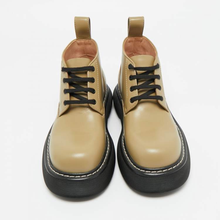 Pre Owned Bottega Veneta Green Leather Swell Ankle Length Boots Size 41