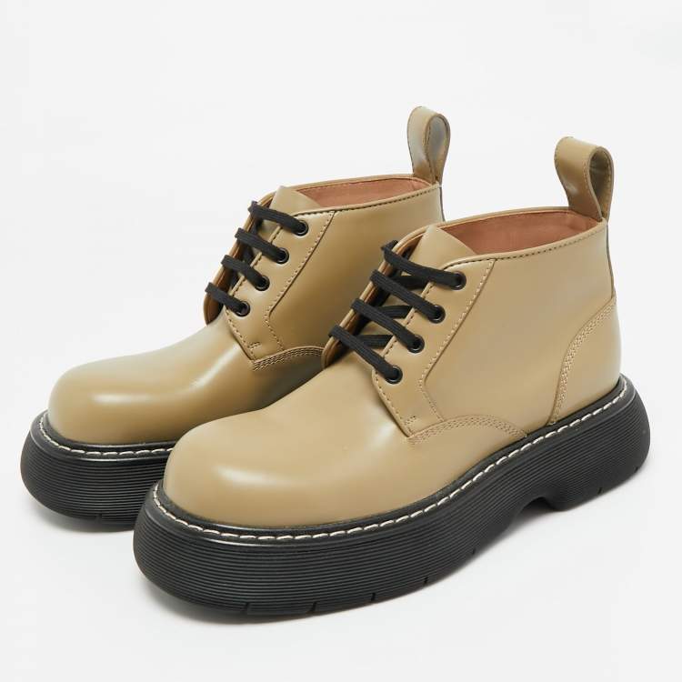 Pre Owned Bottega Veneta Green Leather Swell Ankle Length Boots Size 41