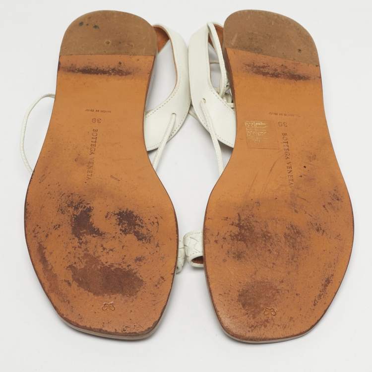 Pre Owned Bottega Veneta White Intrecciato Leather Ankle Wrap Flat Sandals Size 39