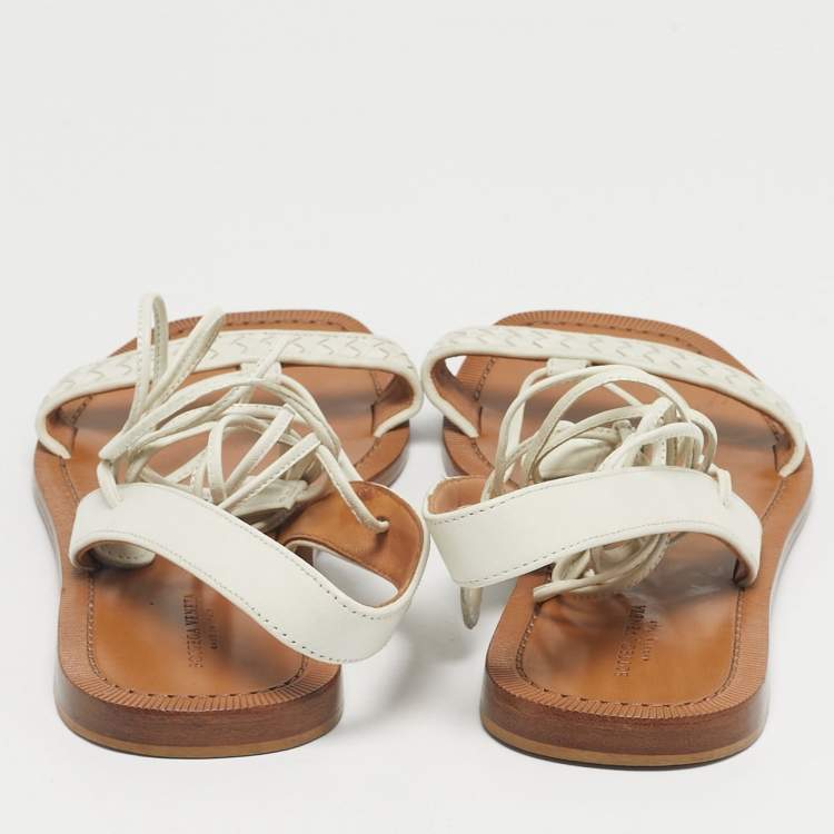 Pre Owned Bottega Veneta White Intrecciato Leather Ankle Wrap Flat Sandals Size 39