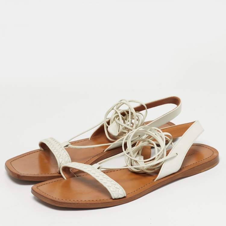 Pre Owned Bottega Veneta White Intrecciato Leather Ankle Wrap Flat Sandals Size 39