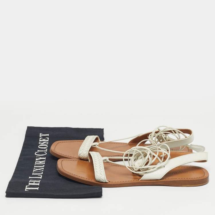 Pre Owned Bottega Veneta White Intrecciato Leather Ankle Wrap Flat Sandals Size 39