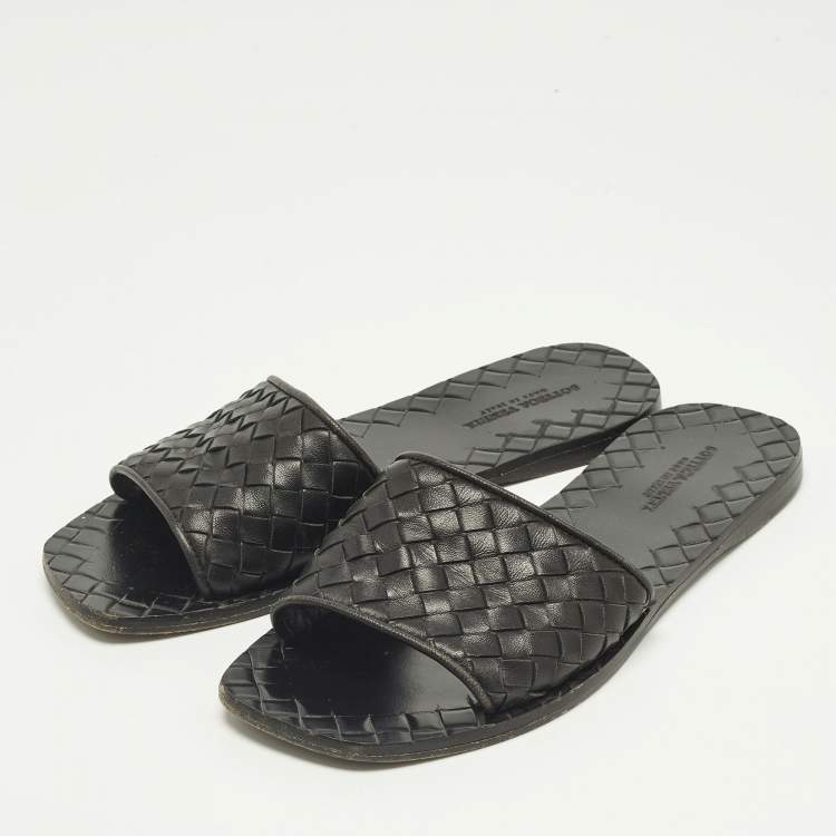 Pre Owned Bottega Veneta Black Intrecciato Leather Flat Slides Size 35