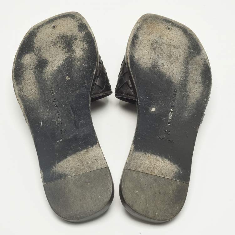 Pre Owned Bottega Veneta Black Intrecciato Leather Flat Slides Size 35