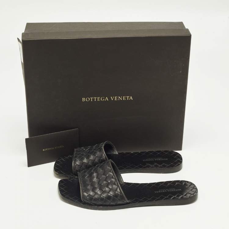 Pre Owned Bottega Veneta Black Intrecciato Leather Flat Slides Size 35