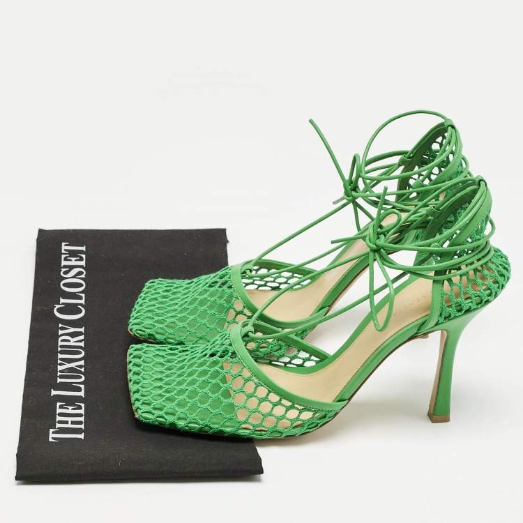 Pre Owned Bottega Veneta Green Leather and Mesh Stretch Sandals Size 36.5