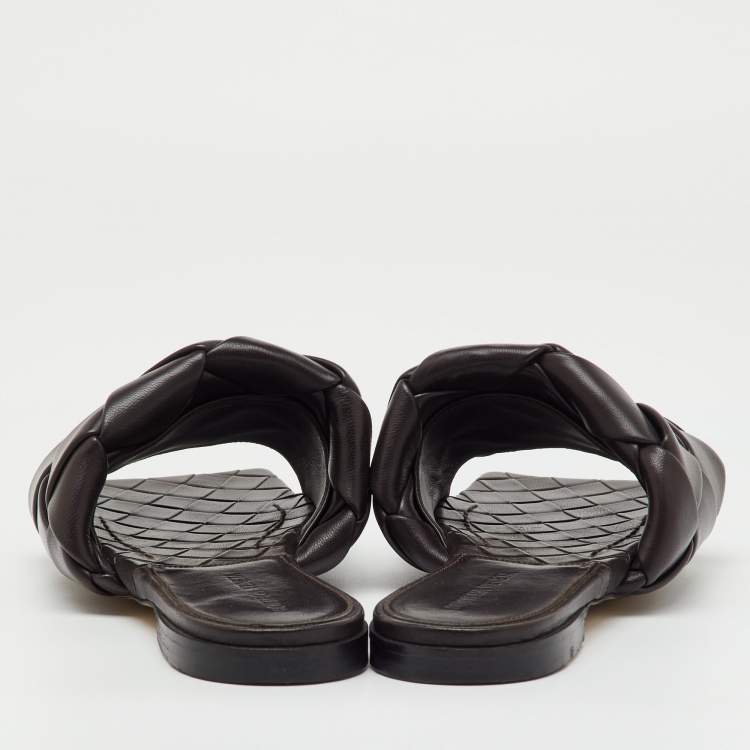 Pre Owned Bottega Veneta Dark Brown Leather Lido Flat Slide Sandals Size 36.5