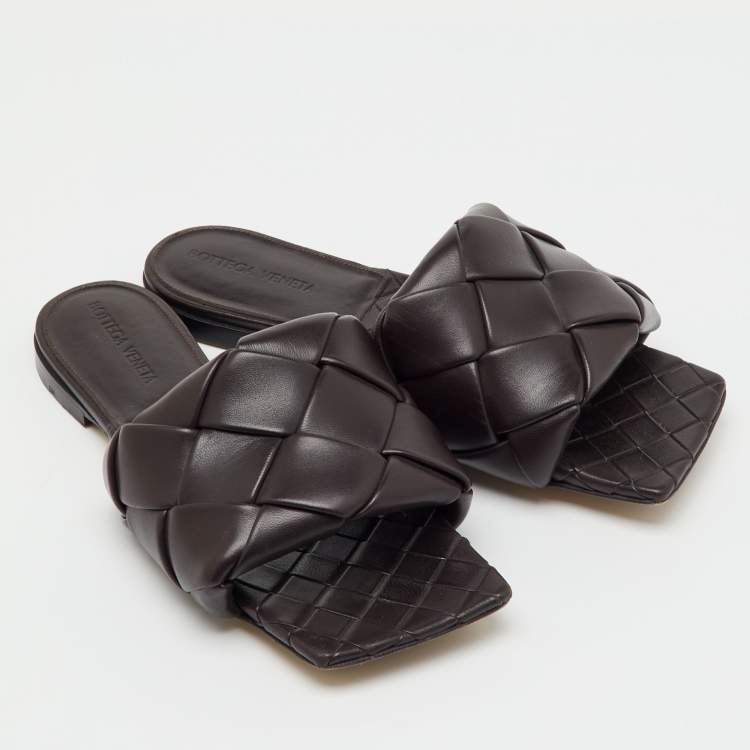 Pre Owned Bottega Veneta Dark Brown Leather Lido Flat Slide Sandals Size 36.5