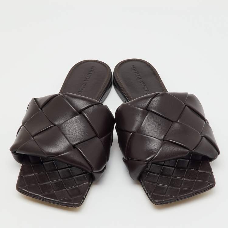 Pre Owned Bottega Veneta Dark Brown Leather Lido Flat Slide Sandals Size 36.5
