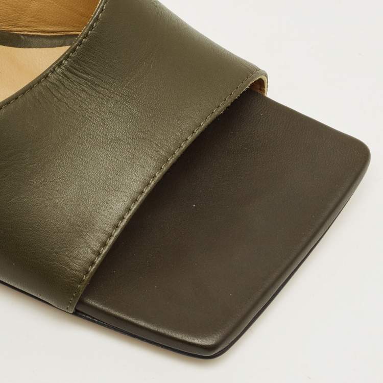 Pre Owned Bottega Veneta Olive Green Leather Lido Slide Sandals Size 36.5