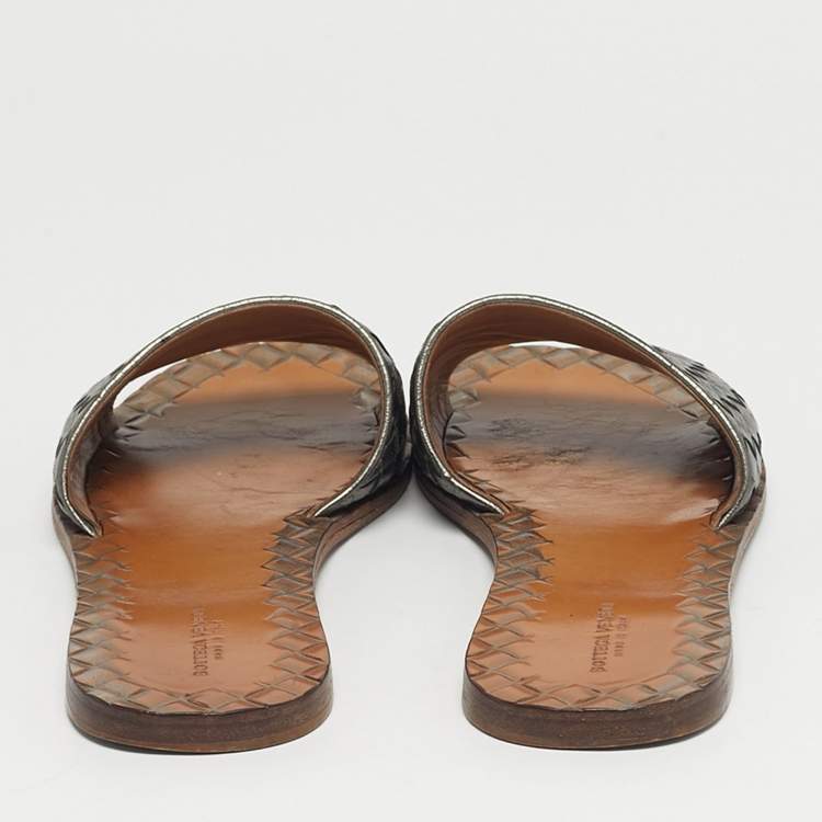 Pre Owned Bottega Veneta Metallic Intrecciato Leather Ravello Flat Slides Size 40