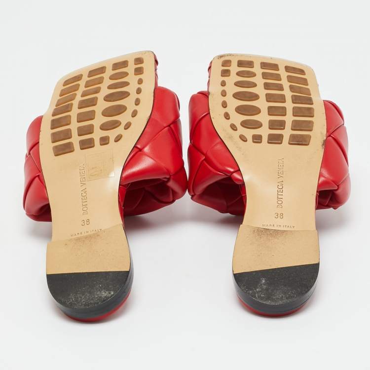 Pre Owned Bottega Veneta Lido Size 38 Red Intrecciato Leather Flat Slide