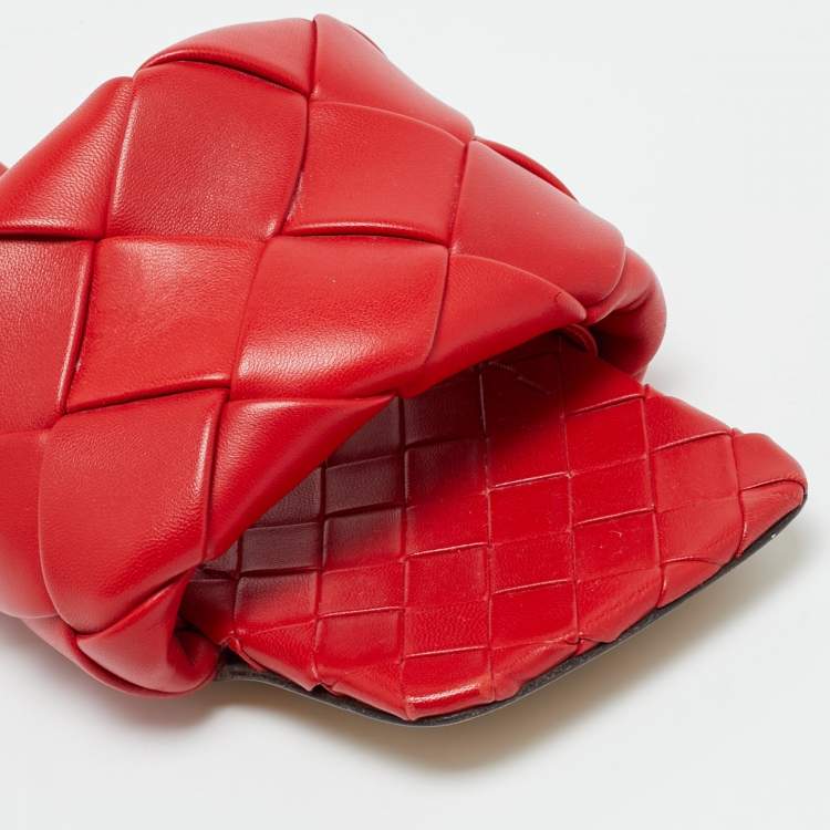 Pre Owned Bottega Veneta Lido Size 38 Red Intrecciato Leather Flat Slide
