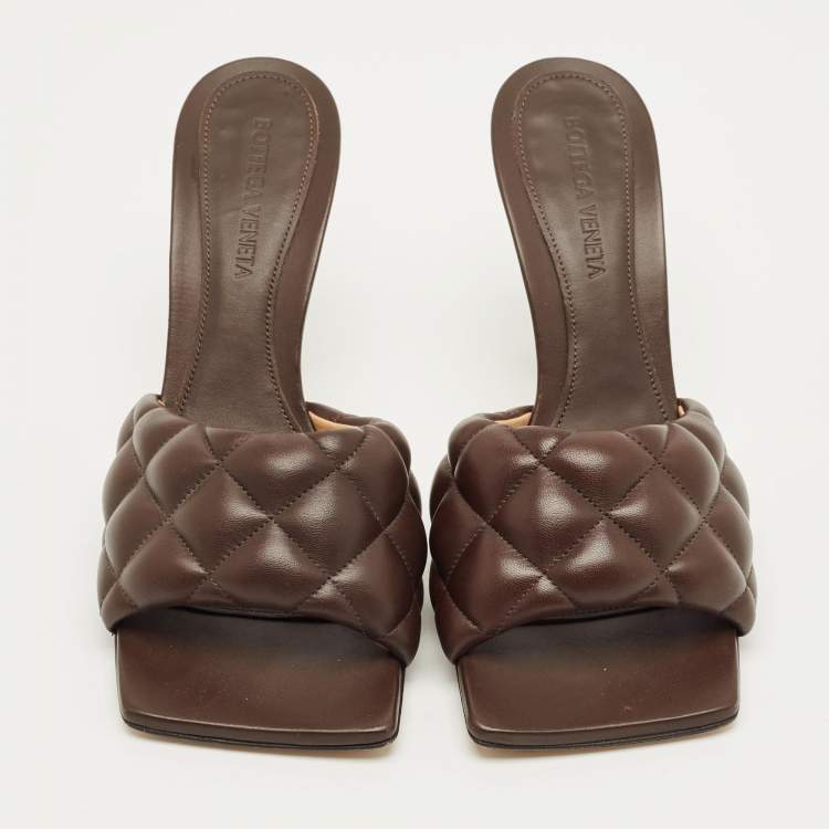 Pre Owned Bottega Veneta Lido Size 37 Dark Brown Quilted Leather Slide Sandals