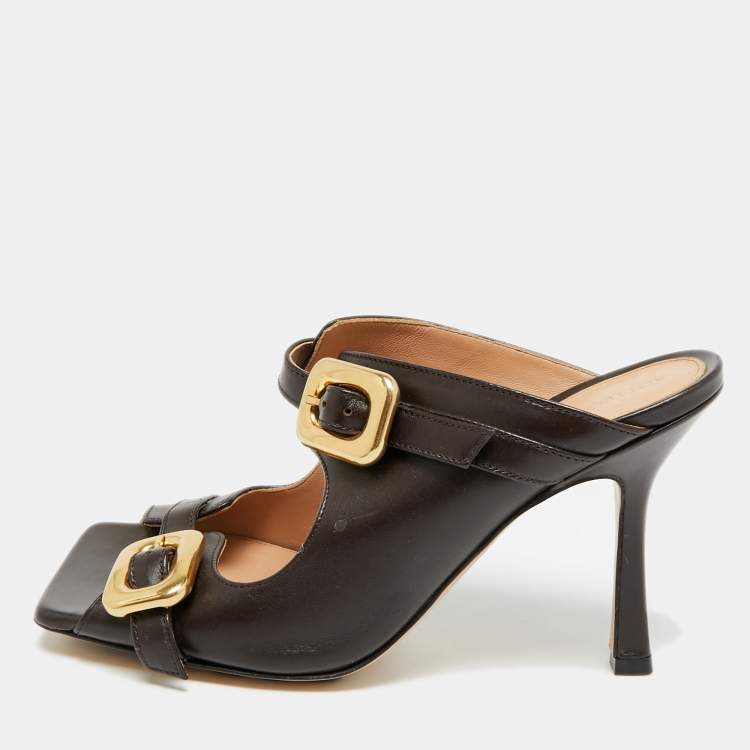 Pre Owned Bottega Veneta Stretch Buckle Size 38 Dark Brown Leather Slide Sandals