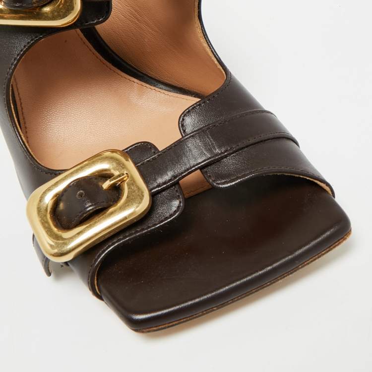 Pre Owned Bottega Veneta Stretch Buckle Size 38 Dark Brown Leather Slide Sandals